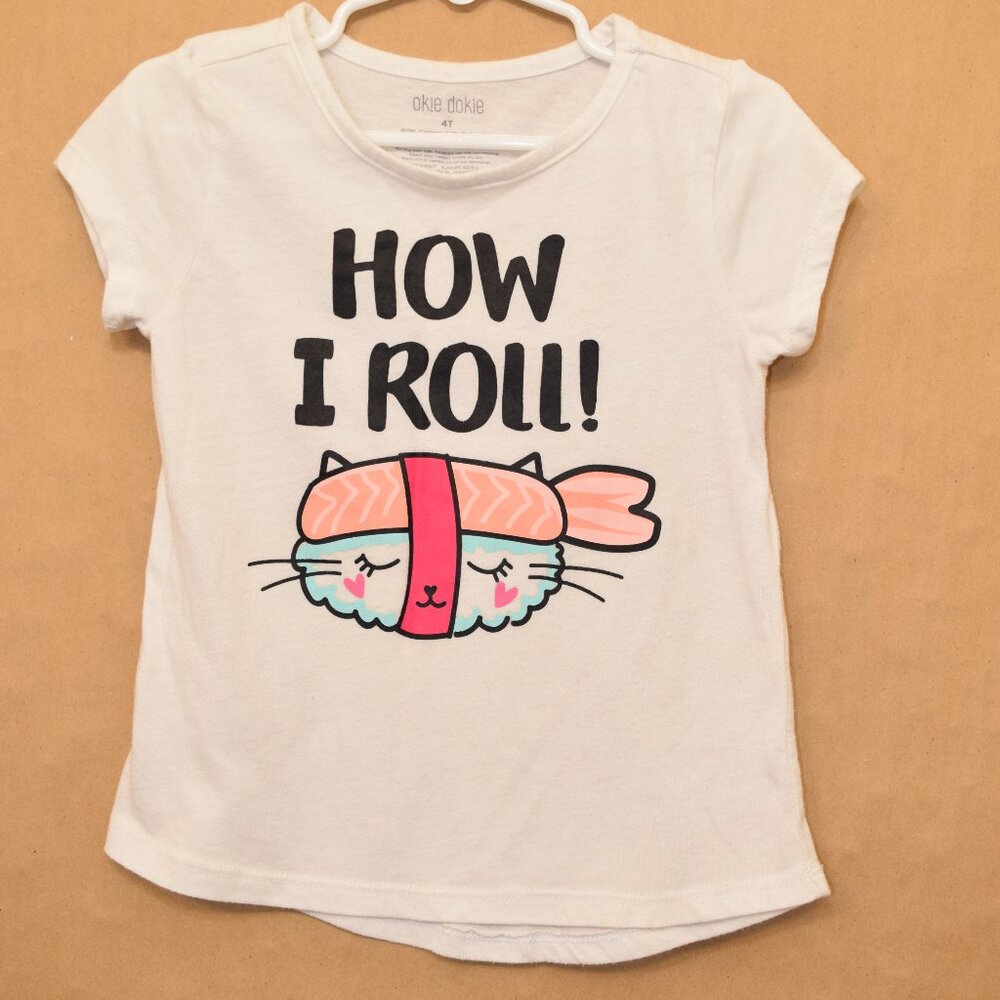 Okie Dokie White “How I Roll” Cat & Sushi Graphic Tee | Size 4T